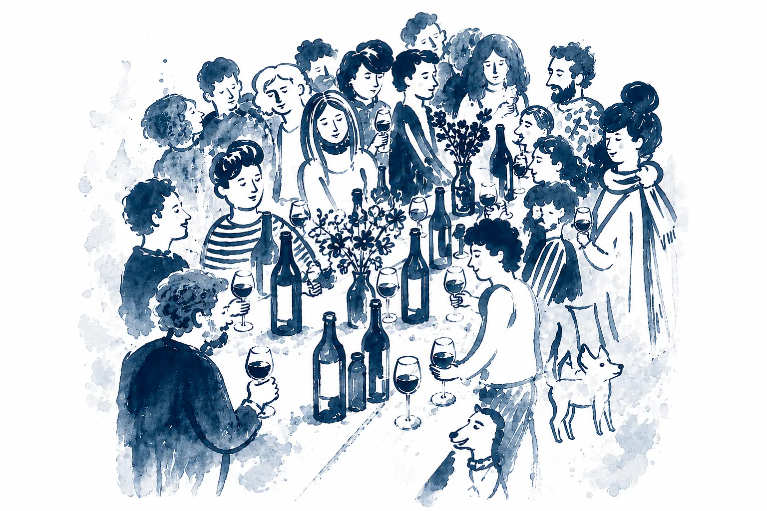 Illustration LCD Distribution — vignerons, restaurateurs et convives réunis autour d'une longue table de dégustation, à l'encre bleue